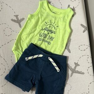 Carters Neon Yellow/Green Graphic tank top Onesie and matching Navy Shorts Set